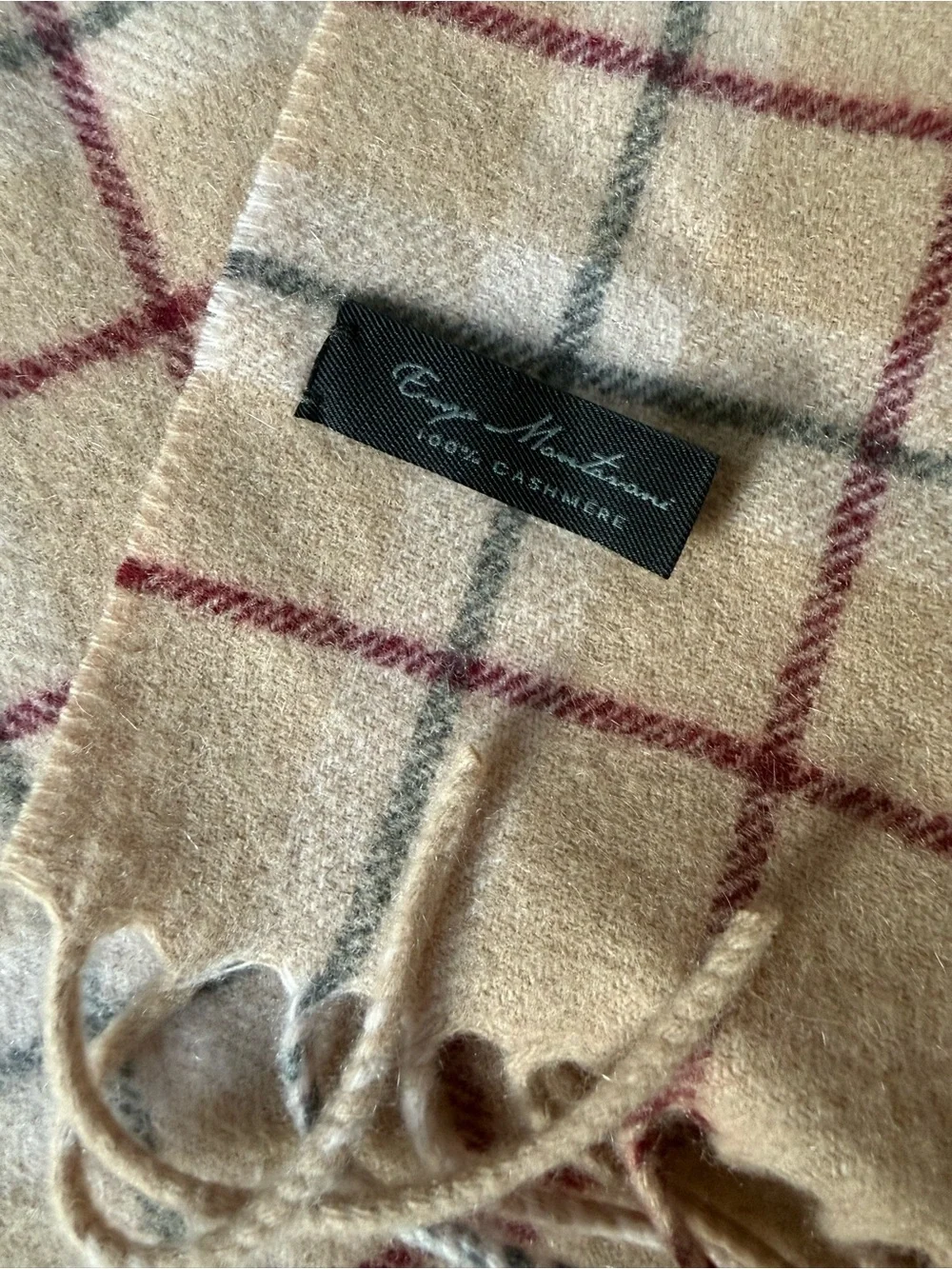100% cashmere beige plaid scarf with fringe Enzo Mantovani quiet luxury Acadamia